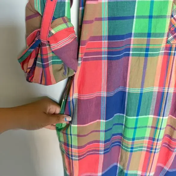 Talbots Womens Madras Shirt Dress 10 Belted Colorful Patchwork Career Teacher - Picture 6 of 7